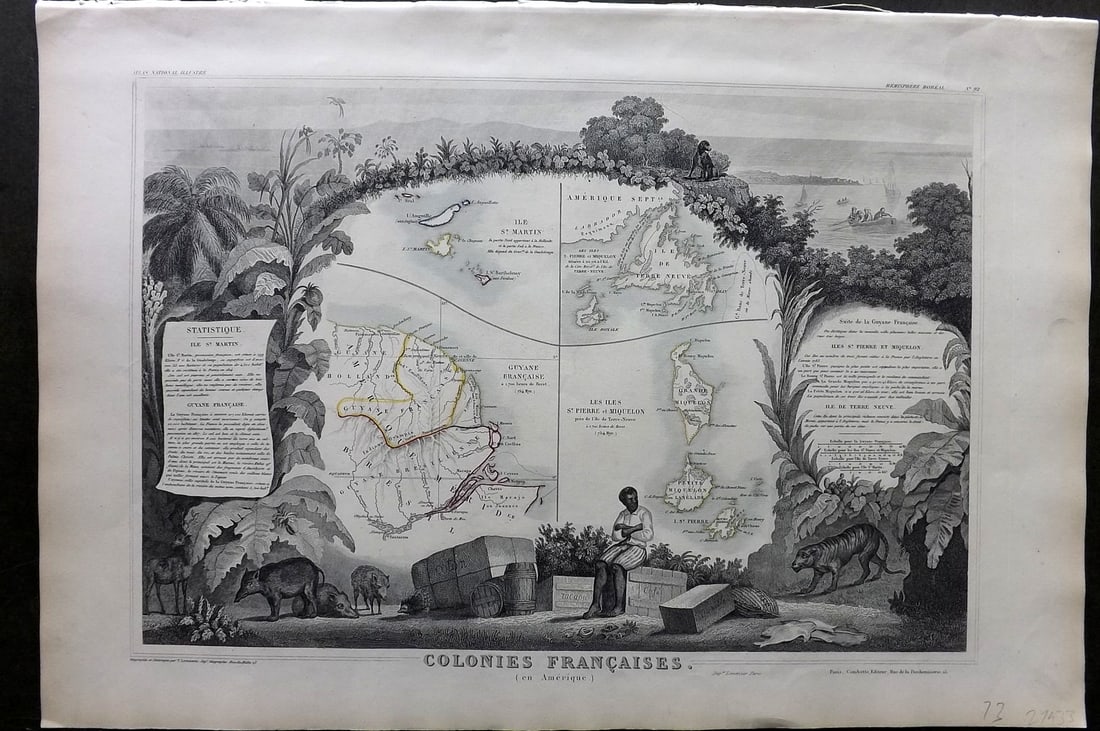 Levasseur, Victor 1852 Antique Map. St. Martin, St. Pierre, French Guyana: Antique Steel Engraved Map Published 1852, Paris for "Atlas National Illustre" by Victor Levasseur. Paper Size: 21 x 14 inch (53 x 35cm). Good Condition.