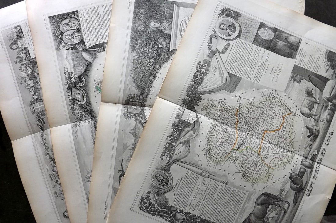 Levasseur, Victor C1850 Lot of 4 Large Decorative French Maps: Outline Hand Coloured Steel Engraved Map Published C1850, Paris for "Atlas National Illustre" by Victor Levasseur. Light centre fold as issued. Paper Size: 20 x 14 inch (50 x 36cm) Good Condition