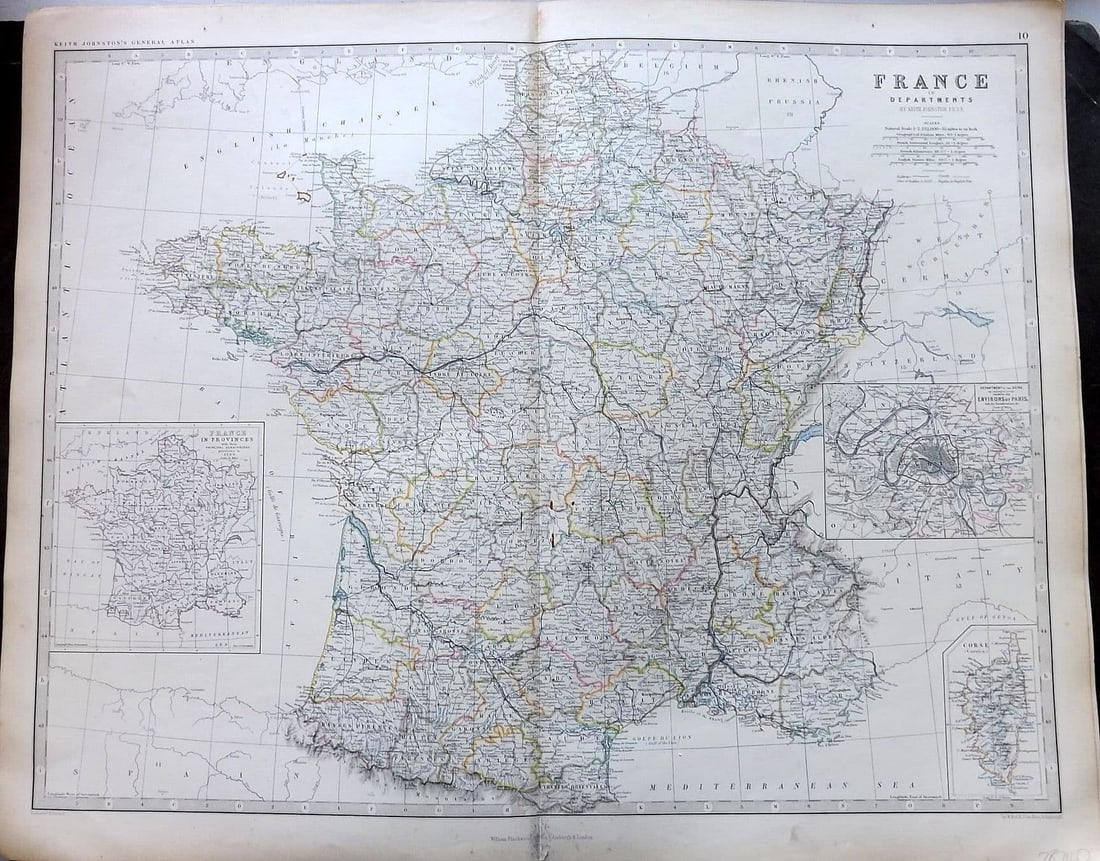 Johnston, Alexander 1861 Large Antique Map. France in Departments: Antique Large Folio Steel Engraved Map Published 1861, Edinburgh & London for "The Royal Atlas of Modern Geography" by Alexander Keith Johnston. Centre Fold as published. Paper Size: 24 x 19.5 inch (6