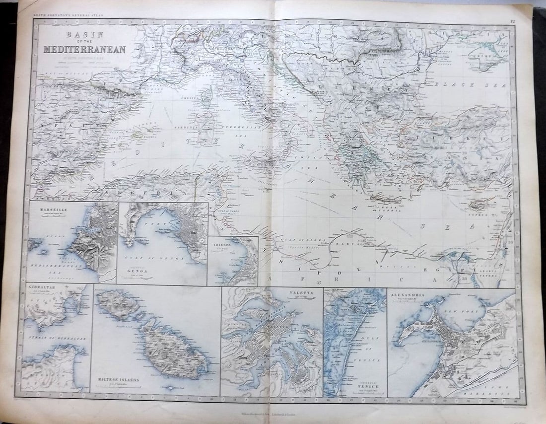 Johnston, Alexander 1861 Large Antique Map. Basin of the Mediterranean: Antique Large Folio Steel Engraved Map Published 1861, Edinburgh & London for "The Royal Atlas of Modern Geography" by Alexander Keith Johnston. Centre Fold as published. Paper Size: 24 x 19.5 inch (6