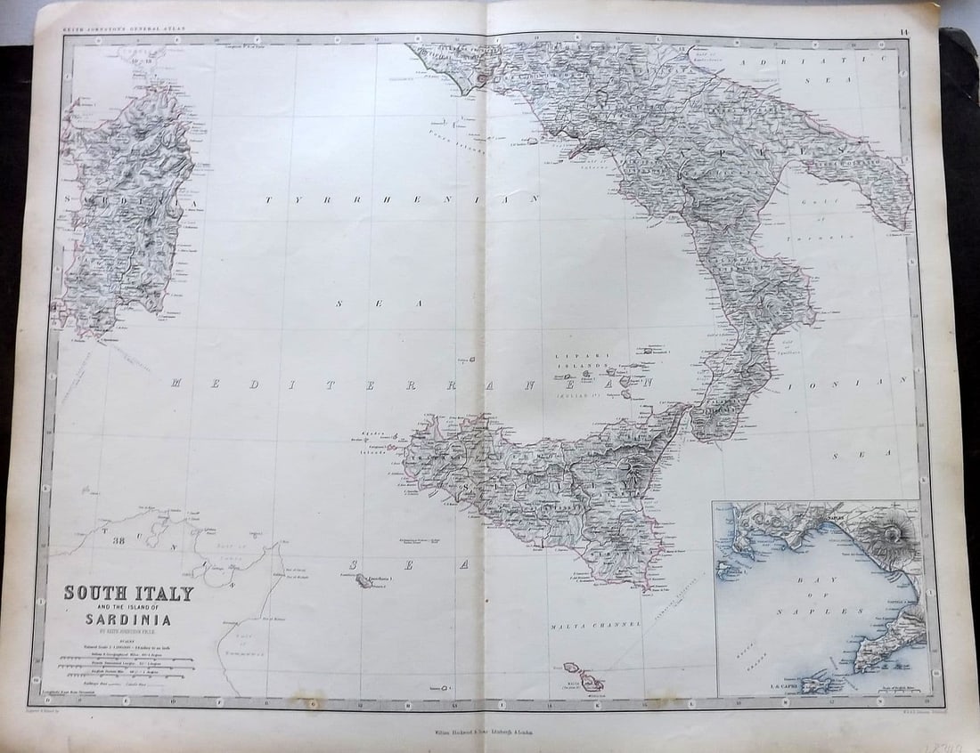 Johnston, Alexander 1861 Large Antique Map. South Italy and the Island of Sardinia: Antique Large Folio Steel Engraved Map Published 1861, Edinburgh & London for "The Royal Atlas of Modern Geography" by Alexander Keith Johnston. Centre Fold as published. Paper Size: 24 x 19.5 inch (6