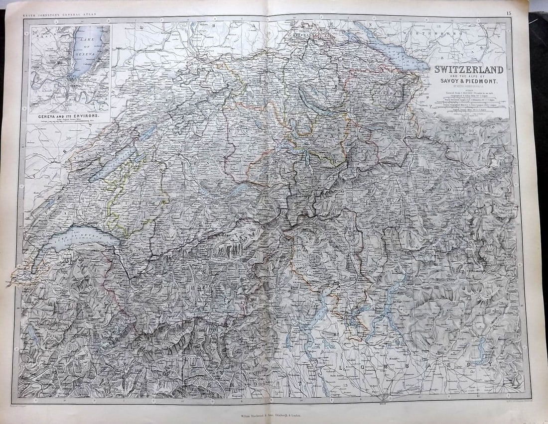 Johnston, Alexander 1861 Large Antique Map. Switzerland and the Alps of Savoy & Piedmont: Antique Large Folio Steel Engraved Map Published 1861, Edinburgh & London for "The Royal Atlas of Modern Geography" by Alexander Keith Johnston. Centre Fold as published. Paper Size: 24 x 19.5 inch (6