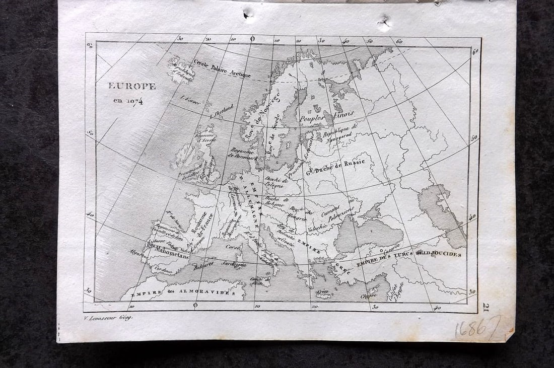 Levasseur, Victor 1838 Antique Map. Europe avant les croisades. Crusades 1074: Antique Steel Engraved Map Published 1838, Paris for "Atlas Classique Universel de Geographie ancienne e moderne" by Victor Levasseur. Paper Size: 5.5 x 4.25 inch (14 x 11cm) Very minor toning.