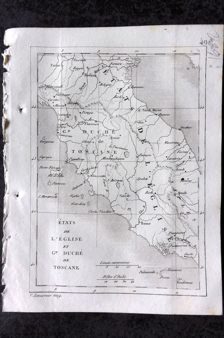 Levasseur, Victor 1838 Antique Map. Etats de l'Eglise et Duche de Toscane. Tuscany Italy: Antique Steel Engraved Map Published 1838, Paris for "Atlas Classique Universel de Geographie ancienne e moderne" by Victor Levasseur. Paper Size: 5.5 x 4.25 inch (14 x 11cm) Good Condition