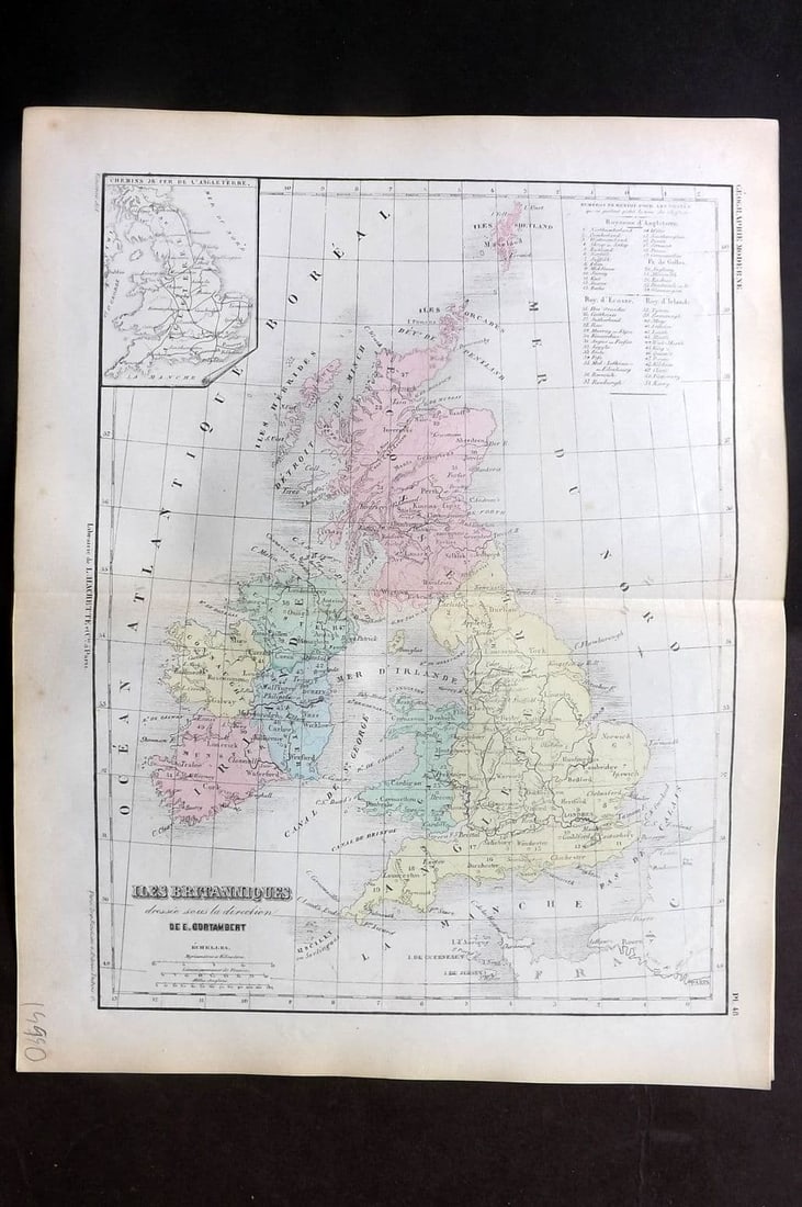 Cortambert, Eugene 1852 Hand Col Map. Iles Britanniques. British Isles 48: Antique Steel Engraved Map Published 1852, Paris for "Nouvel Atlas de Geographie" by Eugene Cortambert. Fine hand colour as issued. Centre fold as published. Paper Size: 13 x 10 inch (33 x 26cm) Good 
