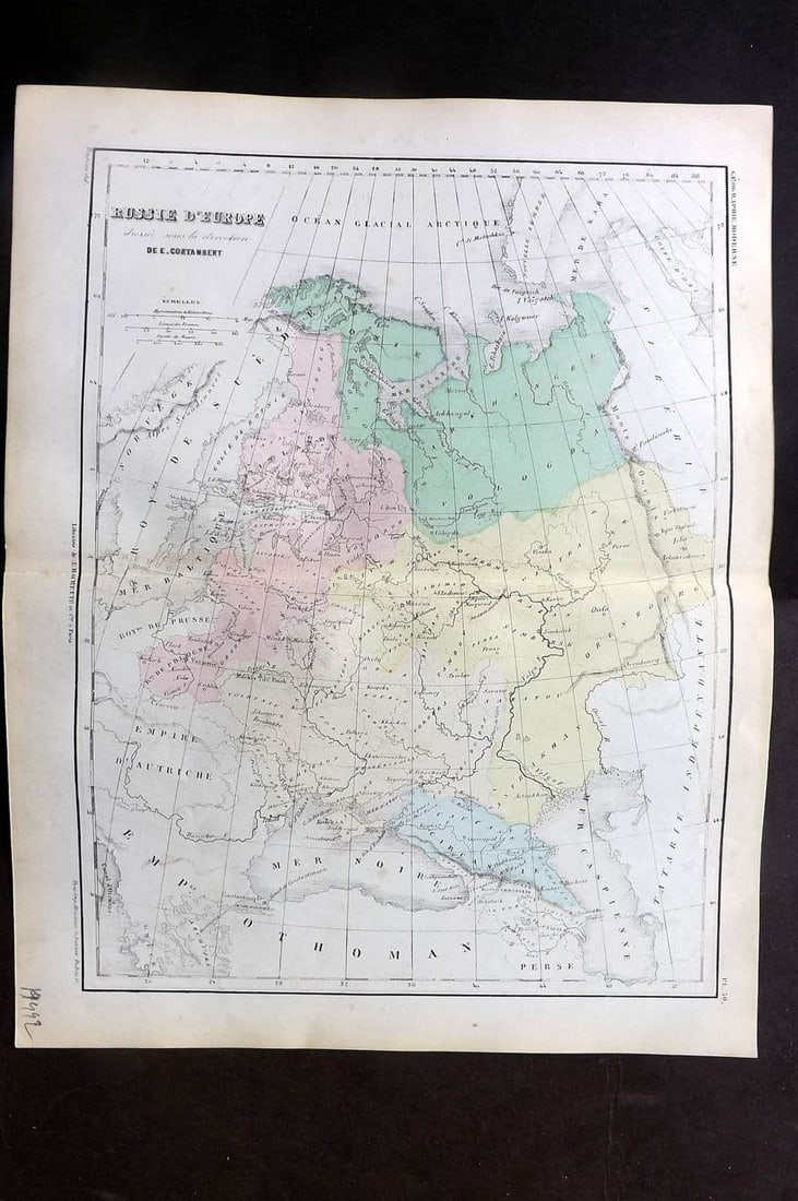 Cortambert, Eugene 1852 Hand Col Map. Russie d'Europe. Russia in Europe 50: Antique Steel Engraved Map Published 1852, Paris for "Nouvel Atlas de Geographie" by Eugene Cortambert. Fine hand colour as issued. Centre fold as published. Paper Size: 13 x 10 inch (33 x 26cm) Good 