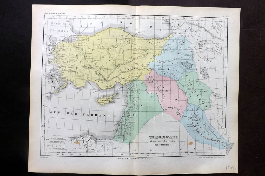 Cortambert, Eugene 1852 Hand Col Map. Turquie d'Asie 55 Turkey in Asia: Antique Steel Engraved Map Published 1852, Paris for "Nouvel Atlas de Geographie" by Eugene Cortambert. Fine hand colour as issued. Centre fold as published. Paper Size: 13 x 10 inch (33 x 26cm) A cou