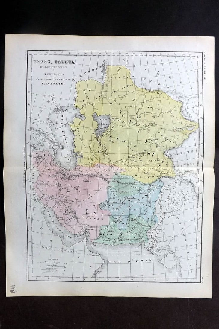 Cortambert, Eugene 1852 Hand Col Map. Perse, Caboul, Beloutchistan et Turkestan 56: Antique Steel Engraved Map Published 1852, Paris for "Nouvel Atlas de Geographie" by Eugene Cortambert. Fine hand colour as issued. Centre fold as published. Paper Size: 13 x 10 inch (33 x 26cm) Good 