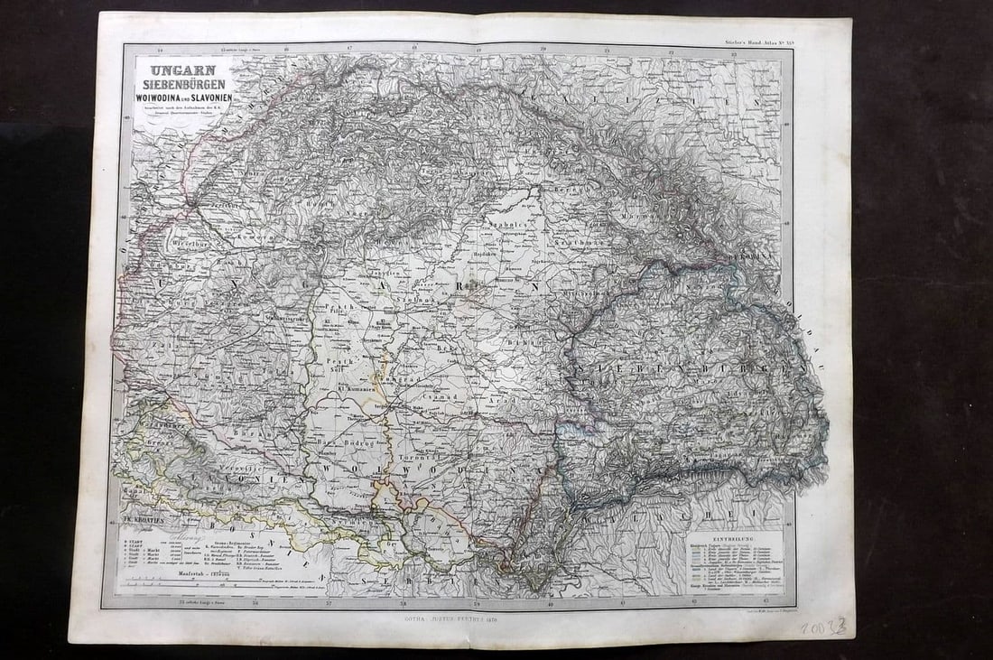 Stieler, Adolf 1870 Map. Ungarn, Siebenburgen, Woiwodina und Slavonien Hungary: Antique Steel Engraved Map Published 1870, Gotha for "Hand-Atlas Uber alle Theile der Erde und Eber das Weltgebaude" by Adolf Stieler. Outline hand colour as issued. Centre fold as published. Paper Si