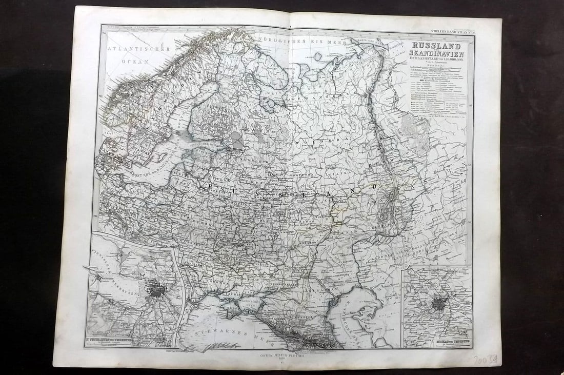 Stieler, Adolf 1870 Antique Map. Russland und Skandinavien. Russia Scandinavia: Antique Steel Engraved Map Published 1870, Gotha for "Hand-Atlas Uber alle Theile der Erde und Eber das Weltgebaude" by Adolf Stieler. Outline hand colour as issued. Centre fold as published. Paper Si
