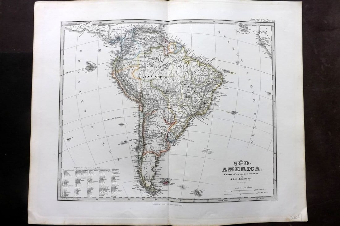 Stieler, Adolf 1870 Antique Map. Sud-Amerika. South America: Antique Steel Engraved Map Published 1870, Gotha for "Hand-Atlas Uber alle Theile der Erde und Eber das Weltgebaude" by Adolf Stieler. Outline hand colour as issued. Centre fold as published. Paper Si