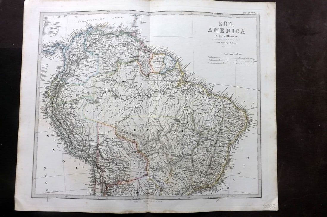 Stieler, Adolf 1870 Antique Map. Sud-Amerika. Nordlicher Theil. South America: Antique Steel Engraved Map Published 1870, Gotha for "Hand-Atlas Uber alle Theile der Erde und Eber das Weltgebaude" by Adolf Stieler. Outline hand colour as issued. Centre fold as published. Paper Si