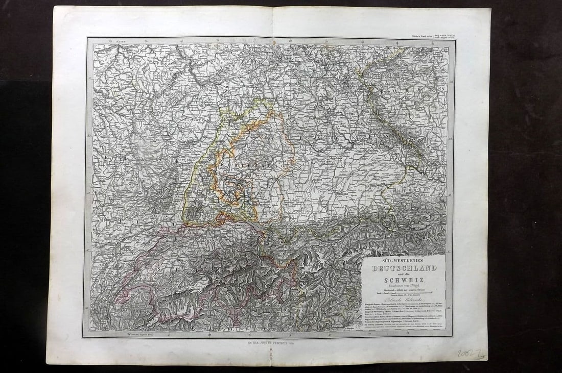 Stieler, Adolf 1870 Map. Sudwestliches Deutschland und die Schweiz. Germany Swizerland: Antique Steel Engraved Map Published 1870, Gotha for "Hand-Atlas Uber alle Theile der Erde und Eber das Weltgebaude" by Adolf Stieler. Outline hand colour as issued. Centre fold as published. Paper Si