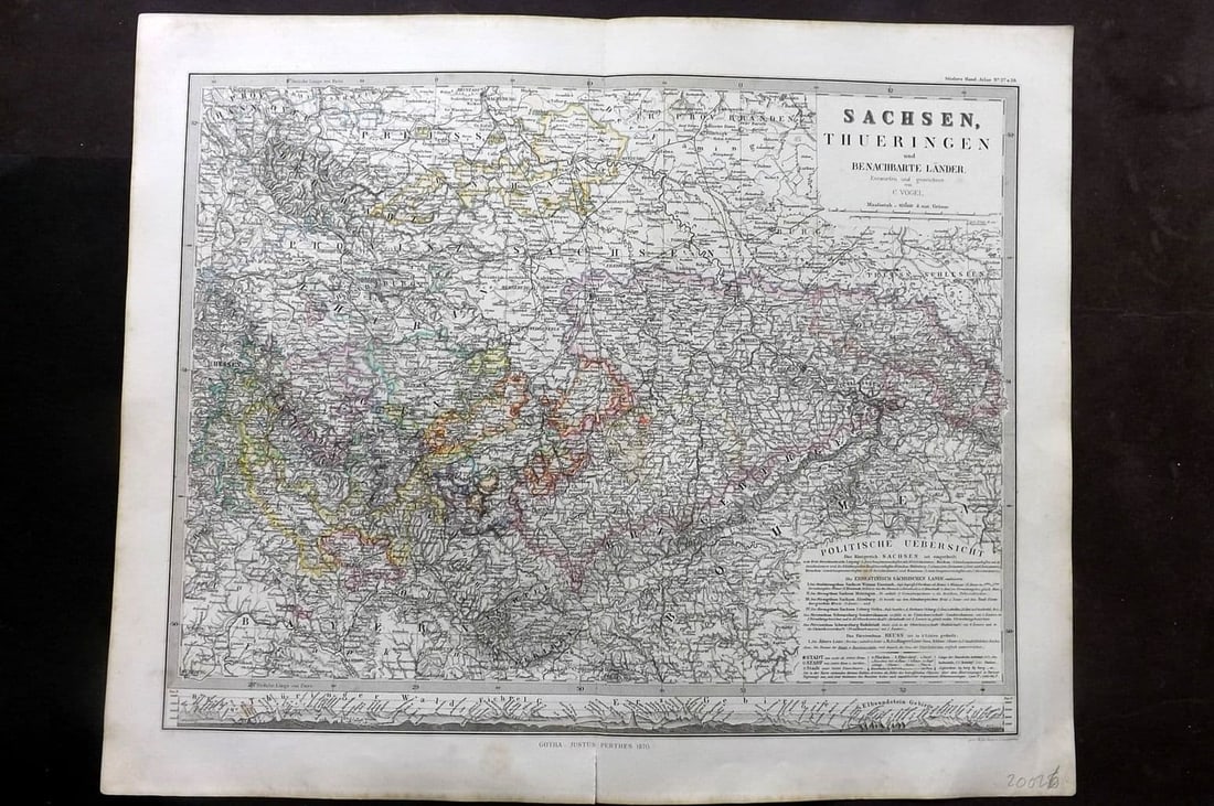 Stieler, Adolf 1870 Antique Map. Sachsen, Thuringen und benachbarte Lander: Antique Steel Engraved Map Published 1870, Gotha for "Hand-Atlas Uber alle Theile der Erde und Eber das Weltgebaude" by Adolf Stieler. Outline hand colour as issued. Centre fold as published. Paper Si