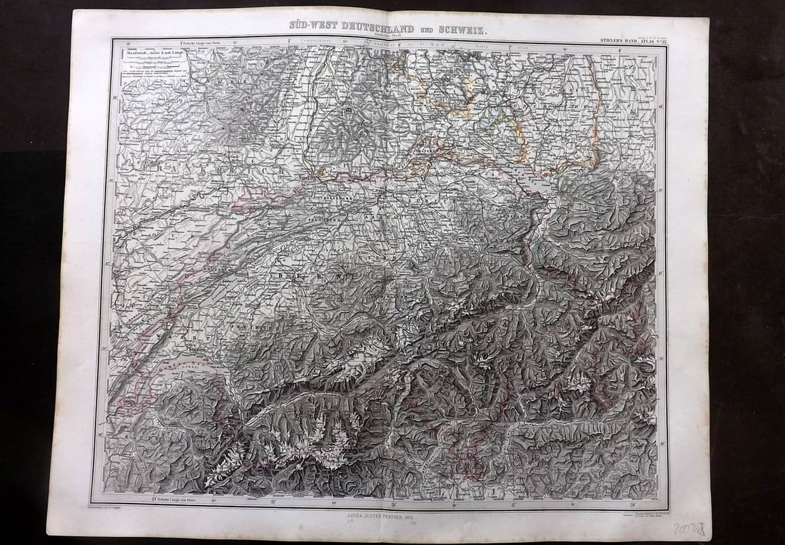 Stieler, Adolf 1870 Map. Sudwest-Deutschland und Schweiz. Sudl. Theil Switzerland: Antique Steel Engraved Map Published 1870, Gotha for "Hand-Atlas Uber alle Theile der Erde und Eber das Weltgebaude" by Adolf Stieler. Outline hand colour as issued. Centre fold as published. Paper Si