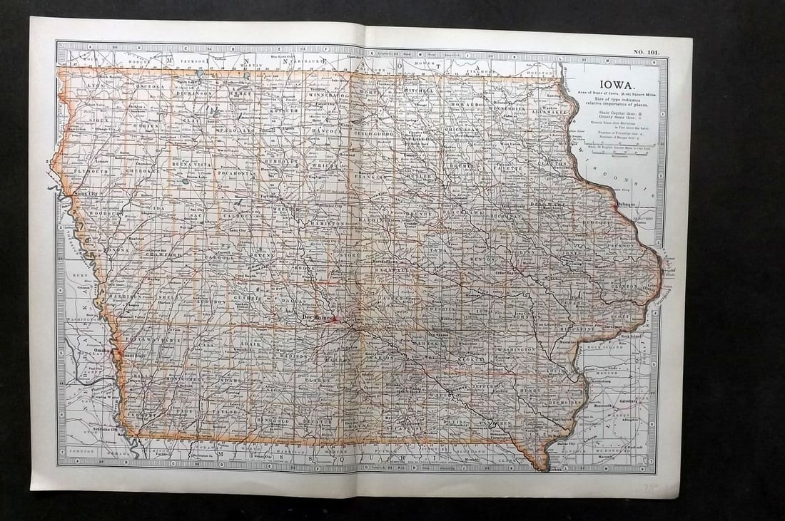 Black (Pub) 1903 Antique Map. Iowa, USA: Antique Lithograph Map Published 1903, by Adam & Charles Black, Edinburgh & London for "The New Volumes of The Encylopaedia Britannica" Centre fold as published. Paper Size: 16 x 11.5 inch (41 x 29cm)