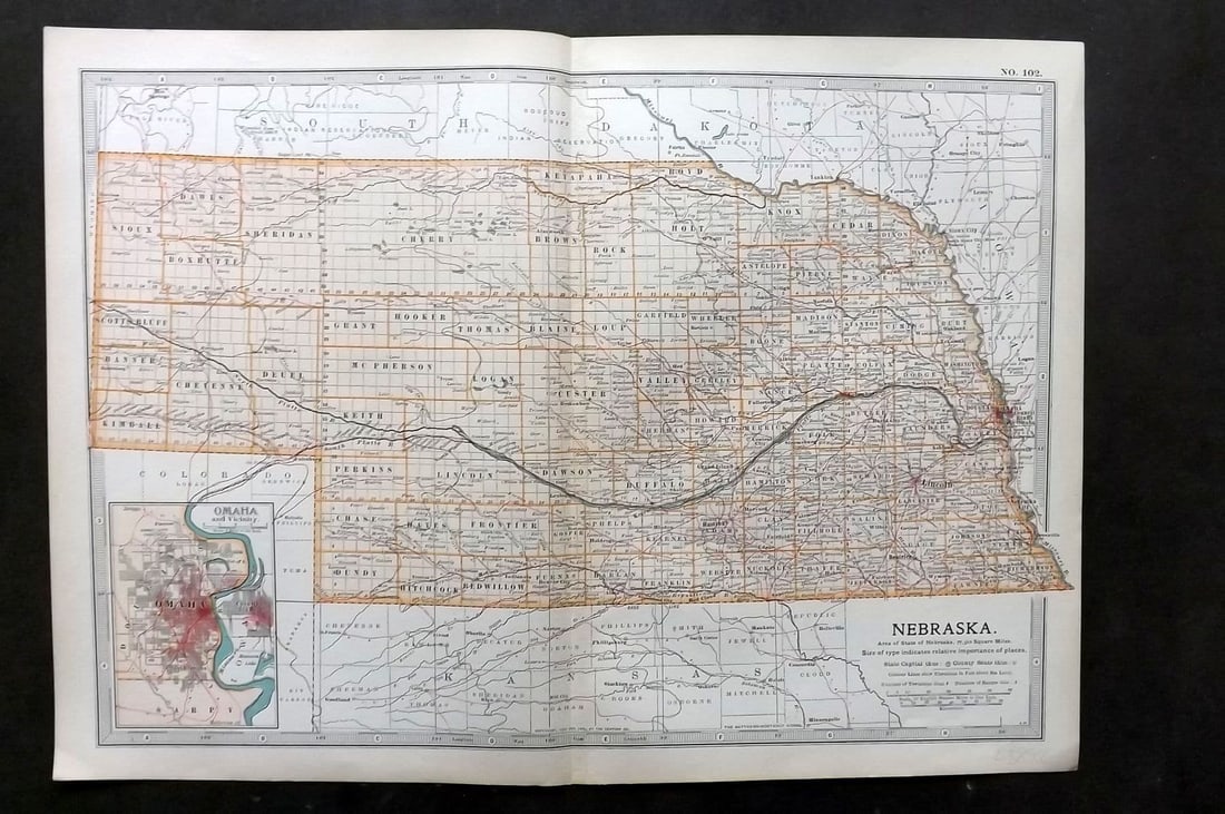 Black (Pub) 1903 Antique Map. Nebraska, USA: Antique Lithograph Map Published 1903, by Adam & Charles Black, Edinburgh & London for "The New Volumes of The Encylopaedia Britannica" Centre fold as published. Paper Size: 16 x 11.5 inch (41 x 29cm)