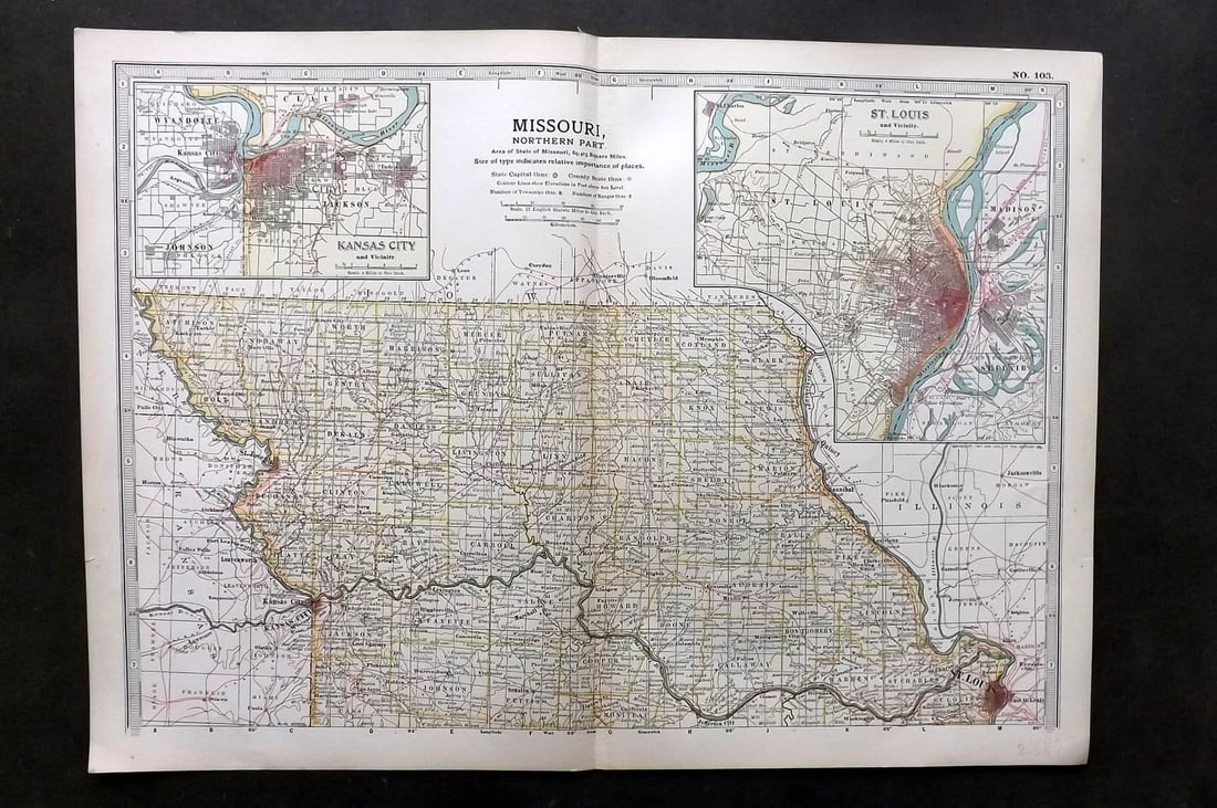 Black (Pub) 1903 Antique Map. Missouri, Northern Part: Antique Lithograph Map Published 1903, by Adam & Charles Black, Edinburgh & London for "The New Volumes of The Encylopaedia Britannica" Centre fold as published. Paper Size: 16 x 11.5 inch (41 x 29cm)