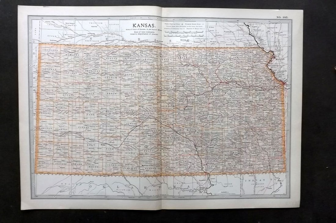 Black (Pub) 1903 Antique Map. Kansas, USA: Antique Lithograph Map Published 1903, by Adam & Charles Black, Edinburgh & London for "The New Volumes of The Encylopaedia Britannica" Centre fold as published. Paper Size: 16 x 11.5 inch (41 x 29cm)