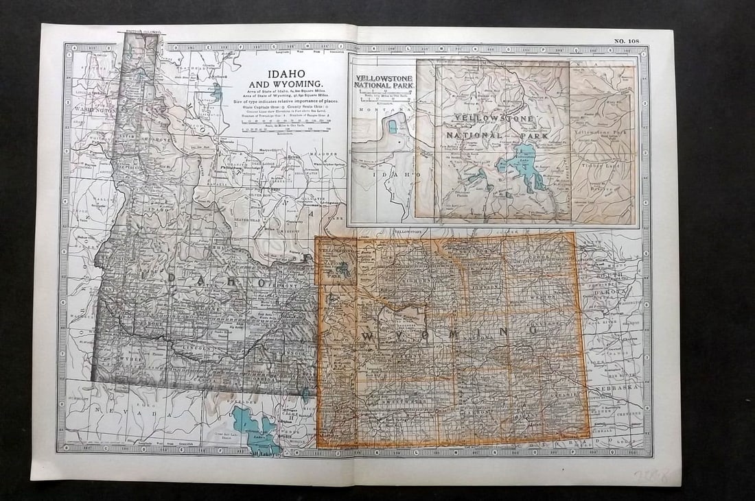 Black (Pub) 1903 Antique Map. Idaho and Wyoming, USA: Antique Lithograph Map Published 1903, by Adam & Charles Black, Edinburgh & London for "The New Volumes of The Encylopaedia Britannica" Centre fold as published. Paper Size: 16 x 11.5 inch (41 x 29cm)