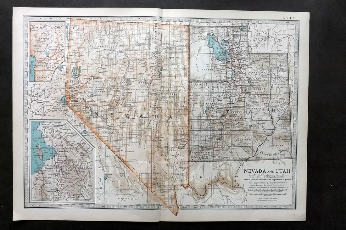 Black (Pub) 1903 Antique Map. Nevvada and Utah, USA: Antique Lithograph Map Published 1903, by Adam & Charles Black, Edinburgh & London for "The New Volumes of The Encylopaedia Britannica" Centre fold as published. Paper Size: 16 x 11.5 inch (41 x 29cm)