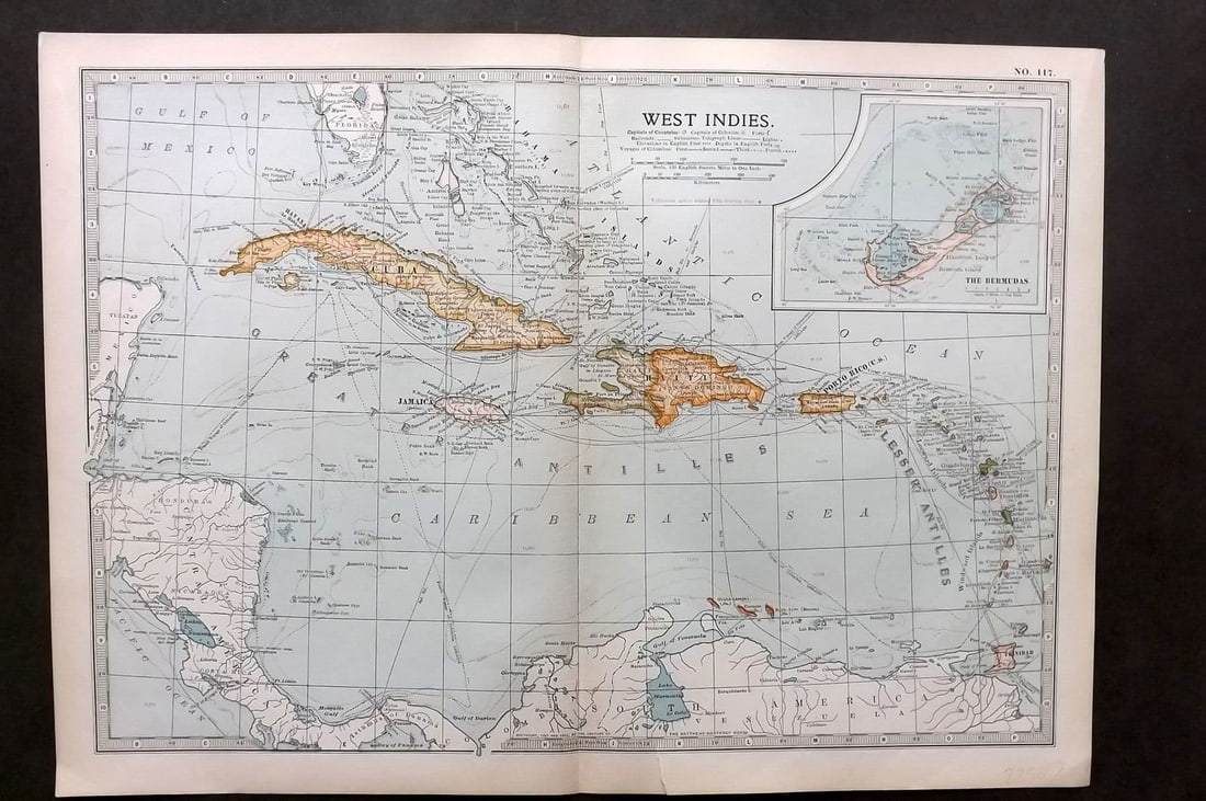 Black (Pub) 1903 Antique Map. West Indies Caribbean: Antique Lithograph Map Published 1903, by Adam & Charles Black, Edinburgh & London for "The New Volumes of The Encylopaedia Britannica" Centre fold as published. Paper Size: 16 x 11.5 inch (41 x 29cm)