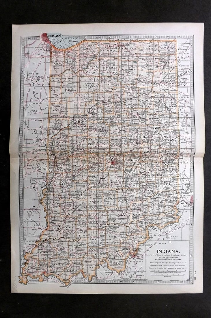 Black (Pub) 1903 Antique Map. Indiana, USA: Antique Lithograph Map Published 1903, by Adam & Charles Black, Edinburgh & London for "The New Volumes of The Encylopaedia Britannica" Centre fold as published. Paper Size: 16 x 11.5 inch (41 x 29cm)