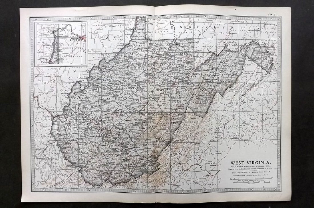 Black (Pub) 1903 Antique Map. West Virginia, USA: Antique Lithograph Map Published 1903, by Adam & Charles Black, Edinburgh & London for "The New Volumes of The Encylopaedia Britannica" Centre fold as published. Paper Size: 16 x 11.5 inch (41 x 29cm)