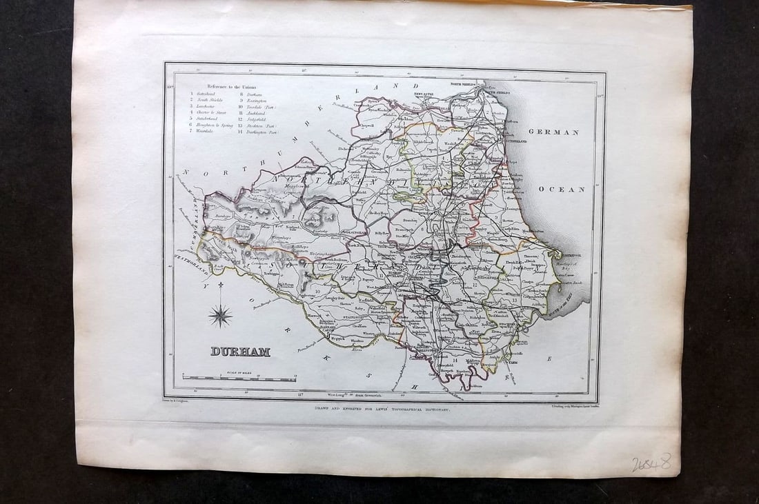 Lewis (Pub) 1842 British County Map. Durham: Antique Steel Engraved Map with outline Hand Colour Published 1842 by Samuel Lewis, London for "An Atlas, Comprising Maps of the Several Counties, Divided into Unions.." Drawn by Robert Creighton and 