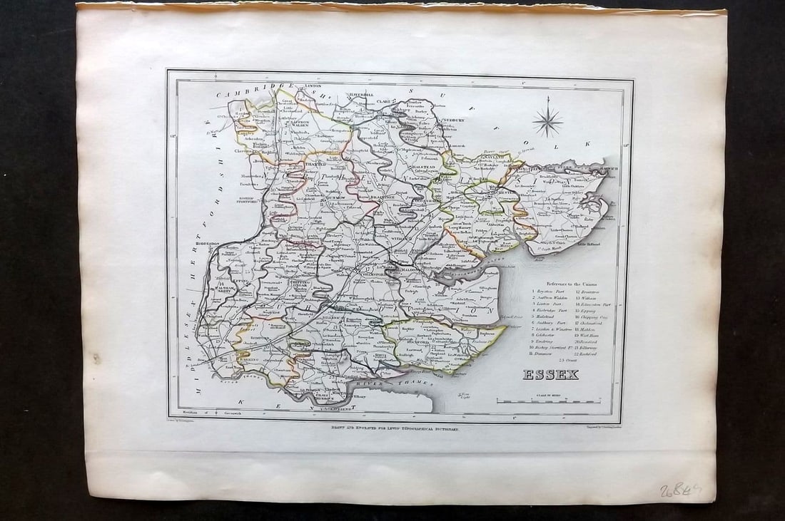 Lewis (Pub) 1842 British County Map. Essex: Antique Steel Engraved Map with outline Hand Colour Published 1842 by Samuel Lewis, London for "An Atlas, Comprising Maps of the Several Counties, Divided into Unions.." Drawn by Robert Creighton and 