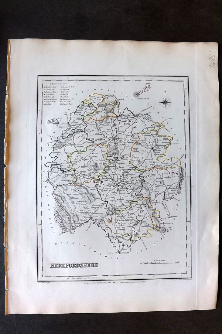 Lewis (Pub) 1842 British County Map. Herefordshire: Antique Steel Engraved Map with outline Hand Colour Published 1842 by Samuel Lewis, London for "An Atlas, Comprising Maps of the Several Counties, Divided into Unions.." Drawn by Robert Creighton and 