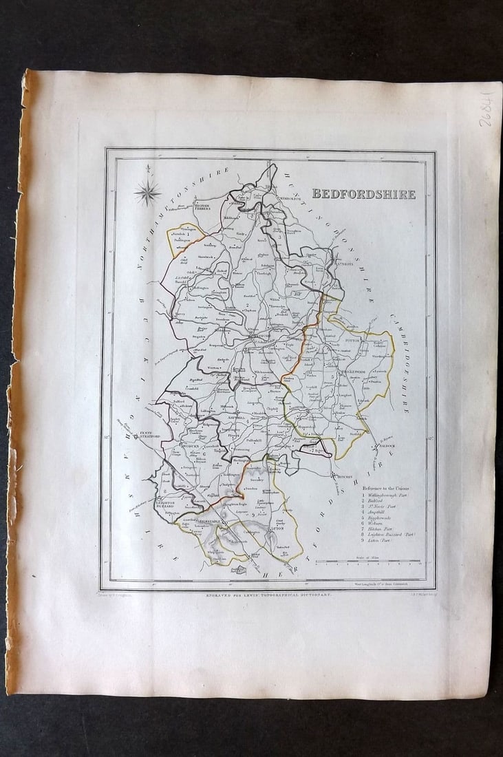 Lewis (Pub) 1842 British County Map. Bedfordshire: Antique Steel Engraved Map with outline Hand Colour Published 1842 by Samuel Lewis, London for "An Atlas, Comprising Maps of the Several Counties, Divided into Unions..." Drawn by Robert Creighton and