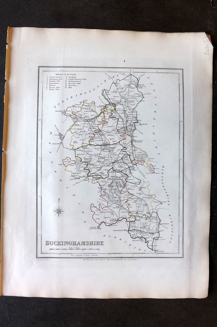 Lewis (Pub) 1842 British County Map. Buckinghamshire: Antique Steel Engraved Map with outline Hand Colour Published 1842 by Samuel Lewis, London for "An Atlas, Comprising Maps of the Several Counties, Divided into Unions..." Drawn by Robert Creighton and