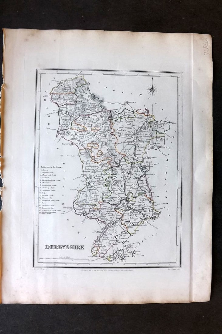 Lewis (Pub) 1842 British County Map. Derbyshire: Antique Steel Engraved Map with outline Hand Colour Published 1842 by Samuel Lewis, London for "An Atlas, Comprising Maps of the Several Counties, Divided into Unions..." Drawn by Robert Creighton and