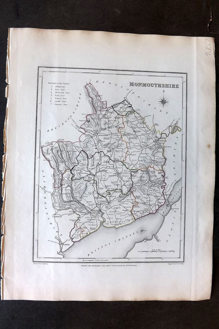 Lewis (Pub) 1842 British County Map. Monmouthshire. Wales: Antique Steel Engraved Map with outline Hand Colour Published 1842 by Samuel Lewis, London for "An Atlas, Comprising Maps of the Several Counties, Divided into Unions. " Drawn by Robert Creighton and 