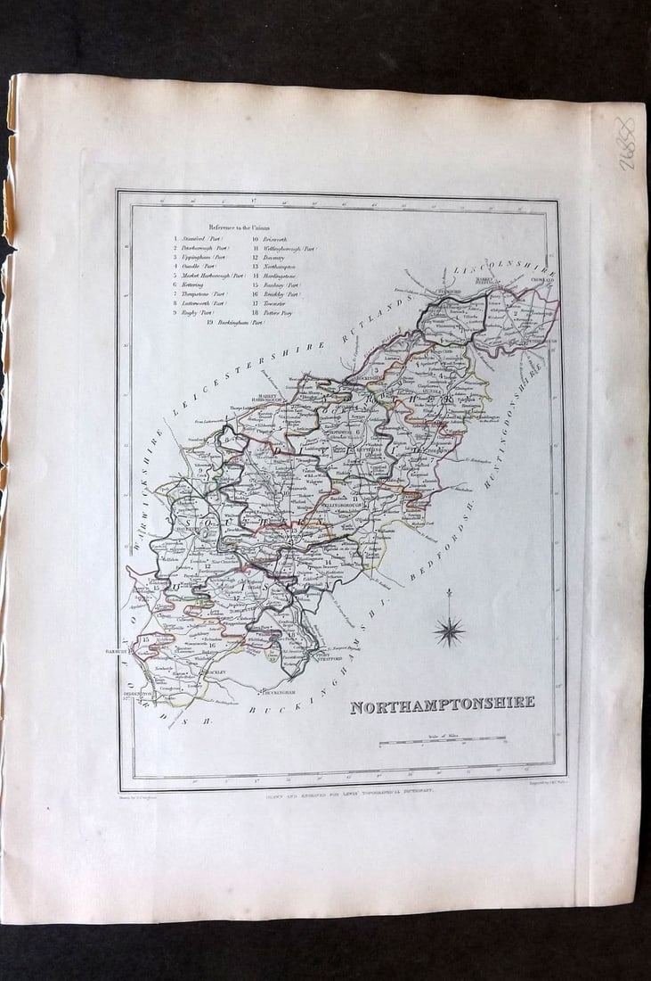Lewis (Pub) 1842 British County Map. Northamptonshire: Antique Steel Engraved Map with outline Hand Colour Published 1842 by Samuel Lewis, London for "An Atlas, Comprising Maps of the Several Counties, Divided into Unions. " Drawn by Robert Creighton and 