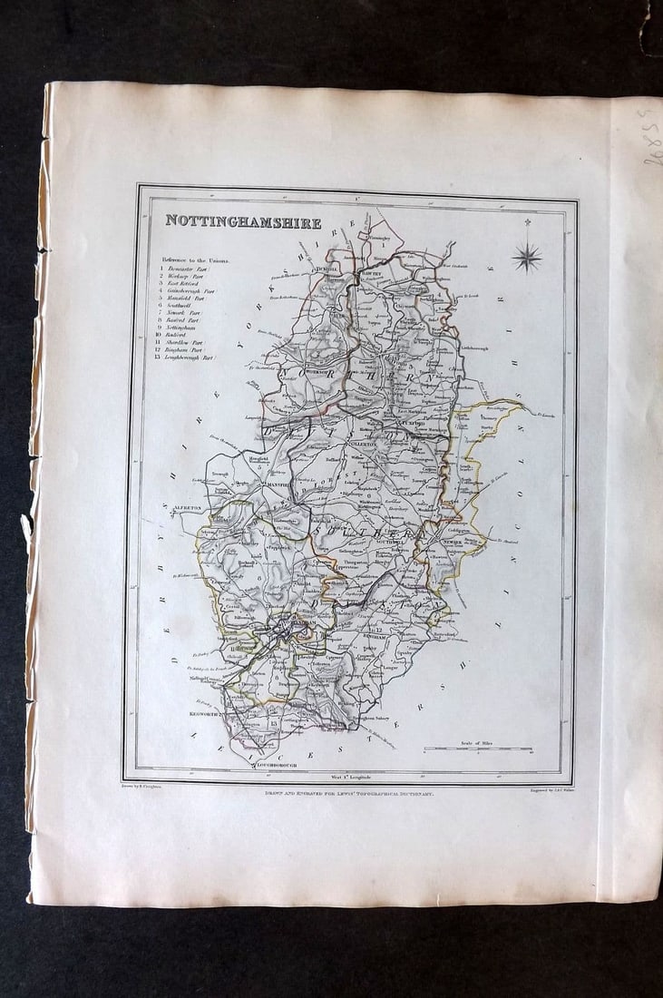 Lewis (Pub) 1842 British County Map. Nottinghamshire: Antique Steel Engraved Map with outline Hand Colour Published 1842 by Samuel Lewis, London for "An Atlas, Comprising Maps of the Several Counties, Divided into Unions. " Drawn by Robert Creighton and 