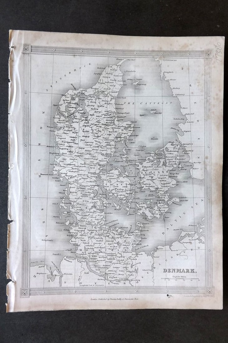 Findlay, Alexander C1835 Antique Map. Denmark: Antique Steel Engraved Map Published C1835 by Thomas Kelly, London for "A New and Universal English Dictionary" by the Rev. James Barclay. Maps by Alexander Findlay. Paper Size: 11 x 8 inch (28 x 21cm