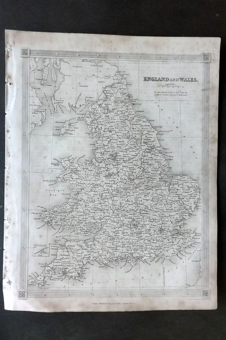 Findlay, Alexander C1835 Antique Map. England and Wales: Antique Steel Engraved Map Published C1835 by Thomas Kelly, London for "A New and Universal English Dictionary" by the Rev. James Barclay. Maps by Alexander Findlay. Paper Size: 11 x 8 inch (28 x 21cm