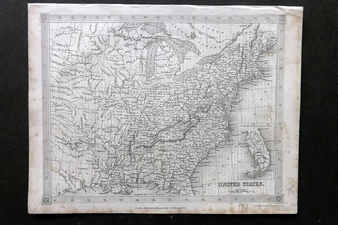 Findlay, Alexander C1835 Antique Map. United States USA: Antique Steel Engraved Map Published C1835 by Thomas Kelly, London for "A New and Universal English Dictionary" by the Rev. James Barclay. Maps by Alexander Findlay. Paper Size: 11 x 8 inch (28 x 21cm