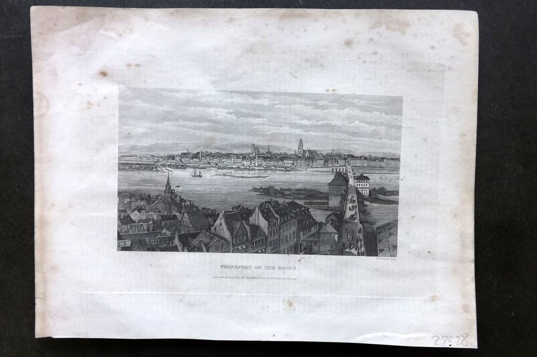 Barclay, James C1835 Antique Print. Frankfort on the Maine. Frankfurt: Antique Steel Engraving Published C1835 by Thomas Kelly, London for "A New and Universal English Dictionary" by the Rev. James Barclay. Maps by Alexander Findlay. Paper Size: 11 x 8 inch (28 x 21cm). 