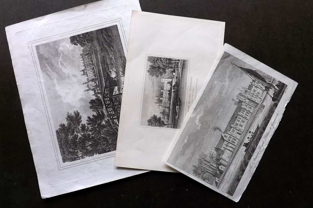British Views 1767-1835. Lot of 3 Prints. Eton & Greenwich London: Copper Plates by Barlow & Dugdale, and one Steel Engraving by Dugdale. Paper Size: Up to 10 x 8 inch (25 x 21cm) Good Condition