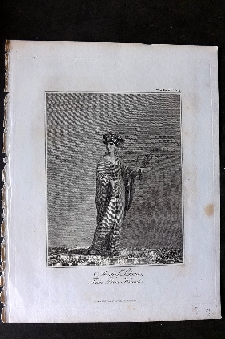 Bruce, James 1813 Antique Print. Arab of of Loheia, Tribe Beni Koreish: Copper Plate Published 1813, Edinburgh for "Travels to discover the source of the Nile" by James Bruce. Paper Size: 12 x 9 inch (30 x 23cm) Very minor margin toning. Good Condition