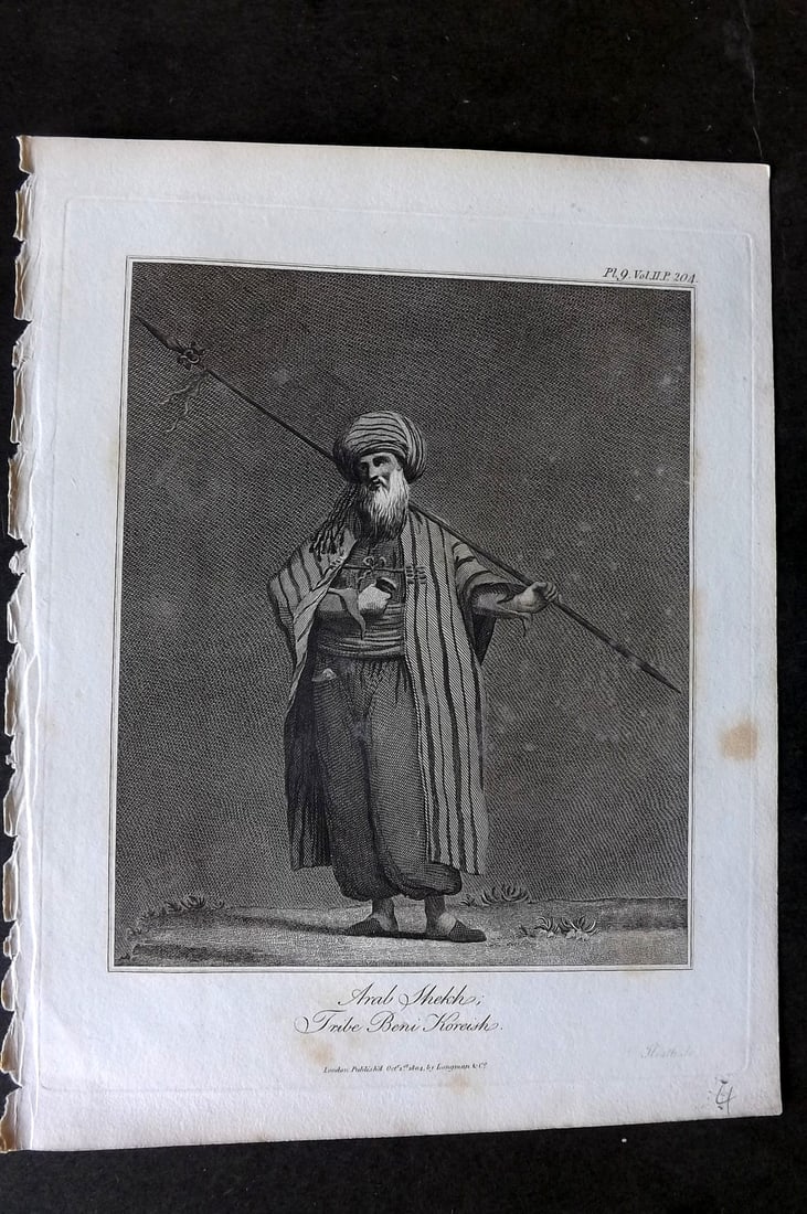 Bruce, James 1813 Antique Print. Arab Shekh, Tribe Beni Koreish: Copper Plate Published 1813, Edinburgh for "Travels to discover the source of the Nile" by James Bruce. Paper Size: 12 x 9 inch (30 x 23cm) Very minor margin toning. Good Condition