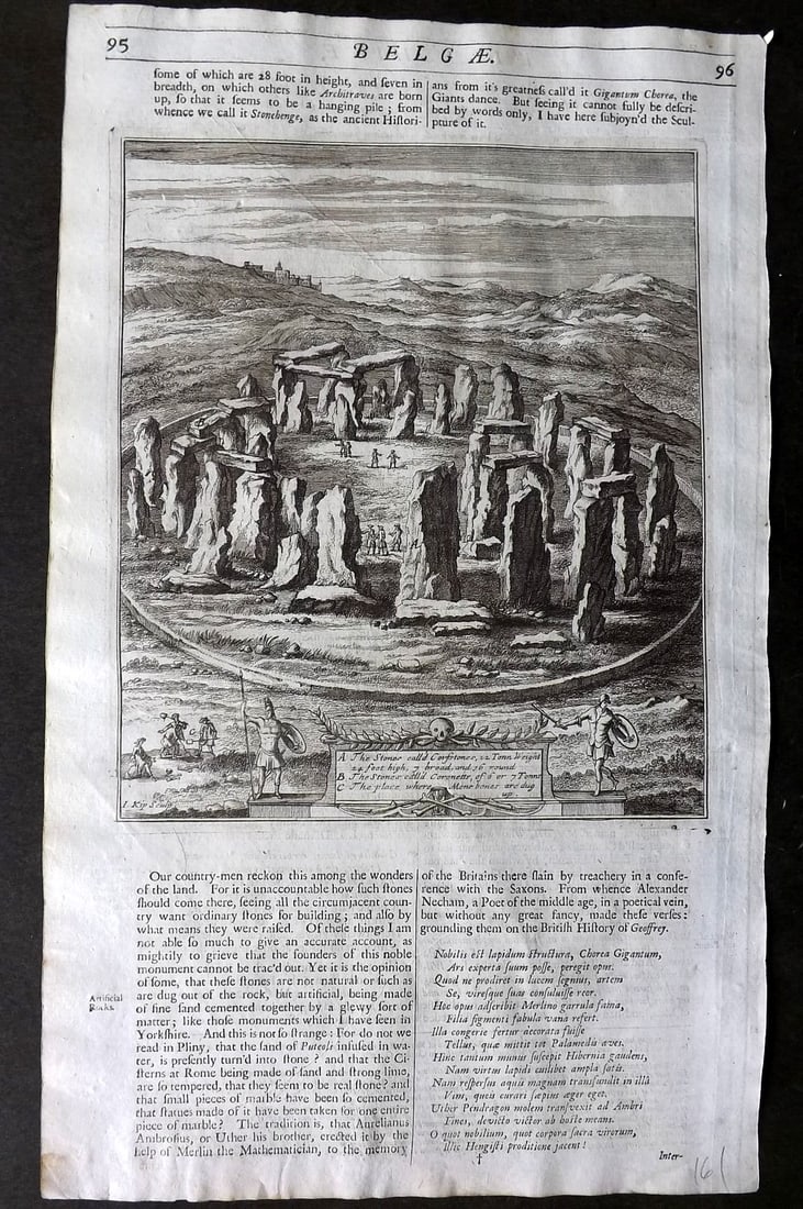 Camden & Kip 1695 Print. Stonehenge, Wiltshire UK: Folio Copper Published 1695, London for "Britannia" by William Camden and Edmund Gibson. Drawn and Engraved by Jan Kip. Paper Size: 15 x 8.5 inch (38 x 22cm) Good Condition