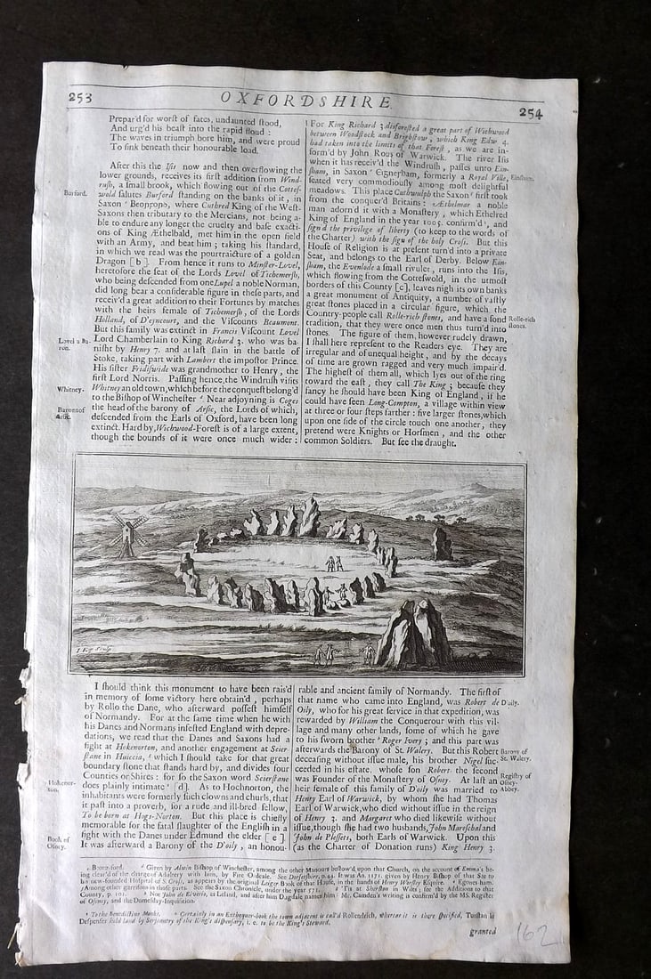 Camden & Kip 1695 Print. Rollright Stones, Oxfordshire UK: Folio Copper Published 1695, London for "Britannia" by William Camden and Edmund Gibson. Drawn and Engraved by Jan Kip. Paper Size: 15 x 8.5 inch (38 x 22cm) Good Condition