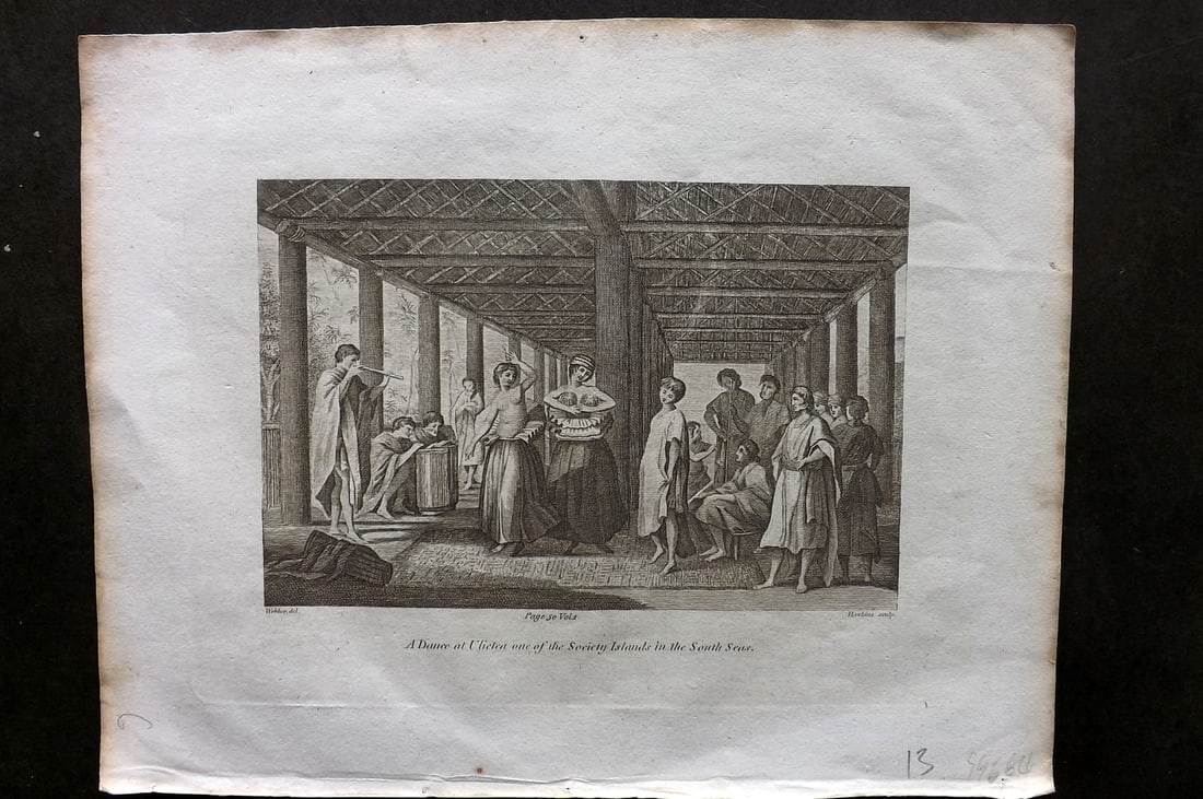 Cooke, George 1801 Print. Dance at Ulietea, Society Islands, Pacific Dance at Ulietea, Society: Copper Plate Published 1801-07 by Macdonald & Son, London for "Modern and Authentic System of Universal Geography" By George A. Cooke. Paper Size: 10 x 8 inch (26 x 21cm) Good Condition
