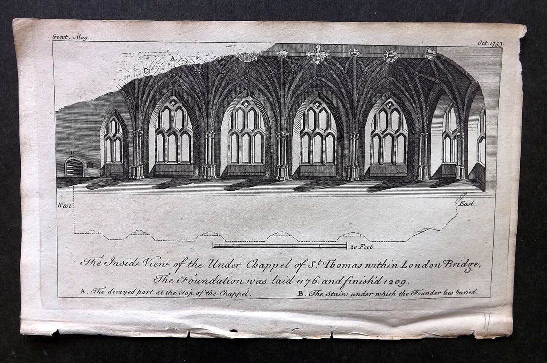 Gentleman's Mag. 1753 Print. Under Chapel of St. Thomas, London Bridge (1 of 1)
