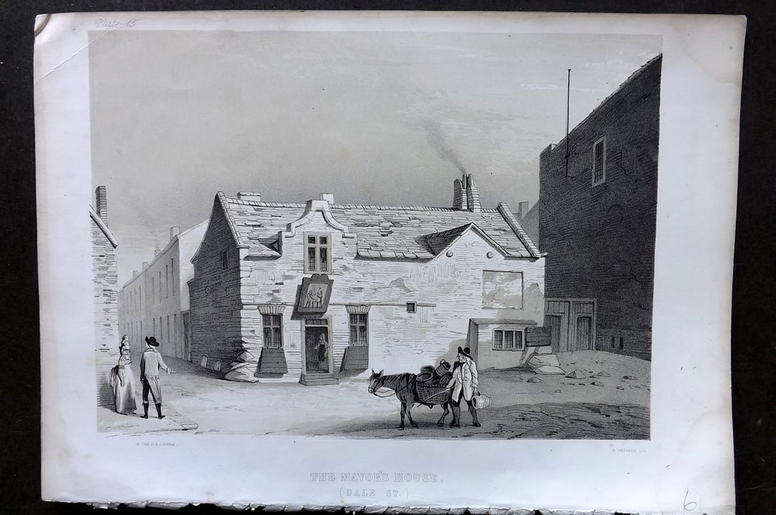 Herdman - Liverpool 1856 Folio Print. Mayor's House, Dale Street: Folio Lithograph Published 1856, London & Liverpool for "Pictorial Relics of Ancient Liverpool..." by William Gawin Herdman. Illustrated by the author and Lithographed by Greenwood. Paper Size: 14.5 x