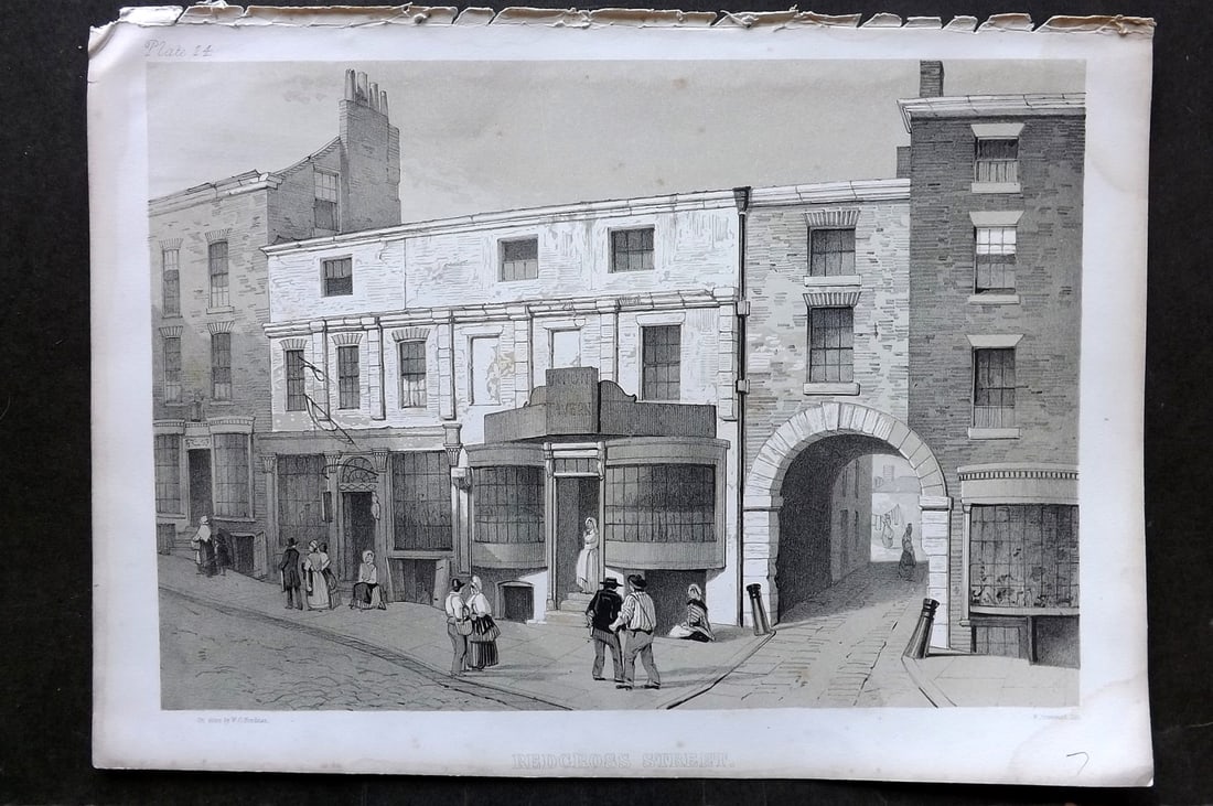Herdman - Liverpool 1856 Folio Print. Redcross Street: Folio Lithograph Published 1856, London & Liverpool for "Pictorial Relics of Ancient Liverpool..." by William Gawin Herdman. Illustrated by the author and Lithographed by Greenwood. Paper Size: 14.5 x